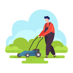 Gardener man with lawn mower of earth, gardening vector flat illustration