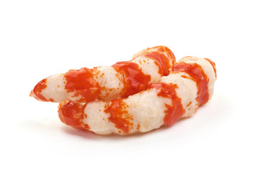 Fresh surimi shrimps, isolated on white background