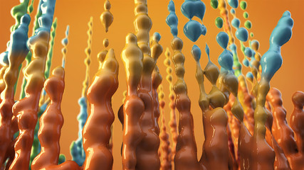 3d render liquid colorful lines and spheres. Abstract composition with depth of field on color background.