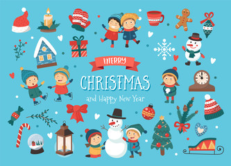 Fototapeta premium Set of Christmas elements and characters. Children playing in winter. Cute vector illustration in flat style