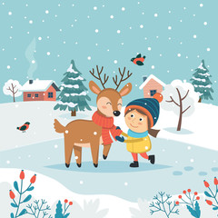 Girl with reindeer and cute winter landscape. Merry christmas greeting card. Cute vector illustration in flat style