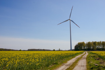 Bright blue sky moving and wind turbine