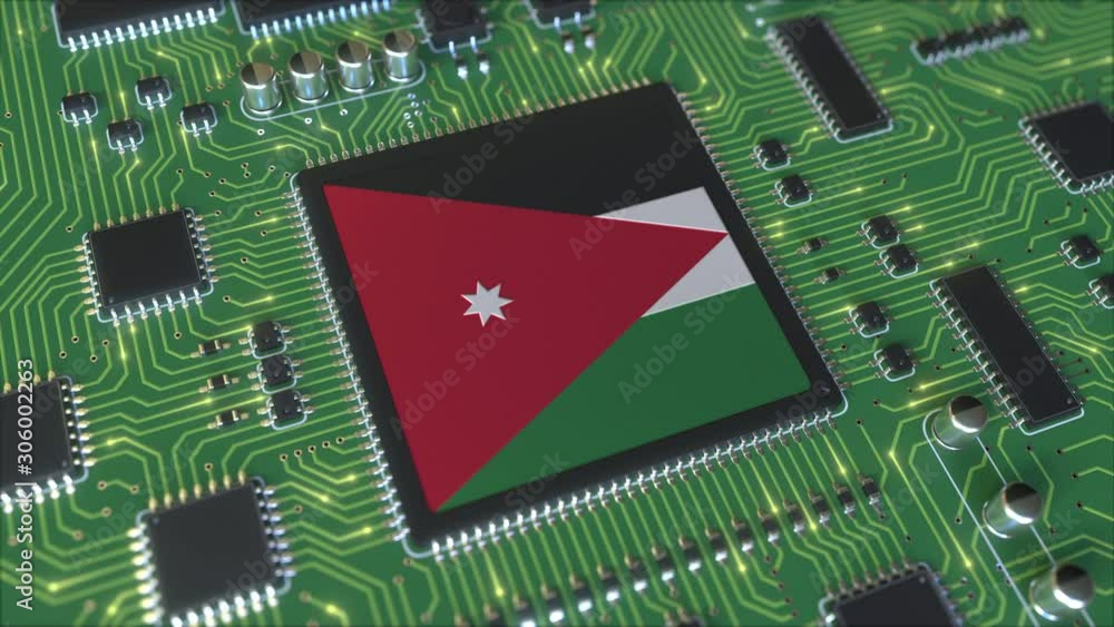 Poster national flag of jordan on the operating chipset. jordanian information technology or hardware devel