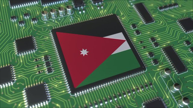 National flag of Jordan on the operating chipset. Jordanian information technology or hardware development related conceptual 3D animation