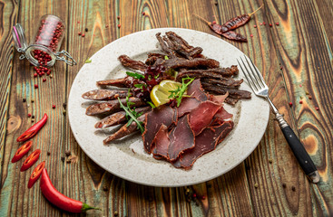 sausageraw smoked meat dump jerky pepperoni sausage, healthy and tasty food.