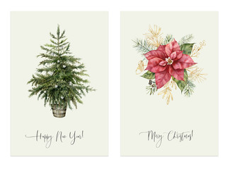 Watercolor Christmas two cards with holiday phrase. Hand painted fir tree with toys and golden poinsettia flower isolated on white background. New year line art illustration for design or print.