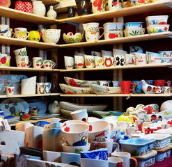  handmade ceramics folk crafts city market place  street bazaar  outdoor  glass cup plate colorful 