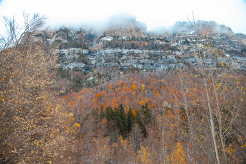 Ordesa National Valley in snowy autumn, located in Pyrenees Spain