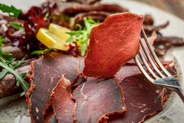sausageraw smoked meat dump jerky pepperoni sausage, healthy and tasty food.