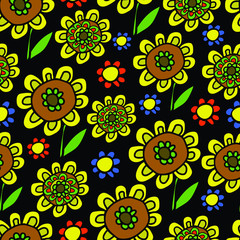Seamless vector pattern with hand drawn sunflowers on black background. Artistic design.