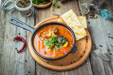 Hungarian soup goulash bograch with dumplings.