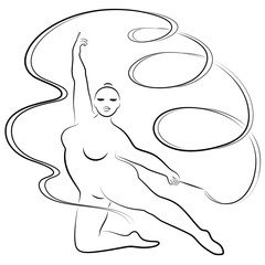 Gymnastics. Silhouette of a girl with a ribbon. The woman is overweight, a large body. The girl is full figured. Vector illustration.