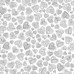 Seamless Pattern of Black and White Contour Hearts for Page of Coloring Book.