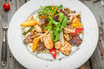 grilled meat with roasted vegetables, spring, summer picnic, tasty food