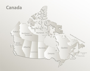 Canada map administrative division, separates regions and names individual region, card paper 3D natural vector