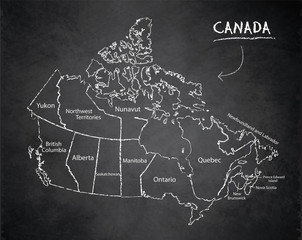 Canada map administrative division, separates regions and names individual region, design card blackboard chalkboard vector