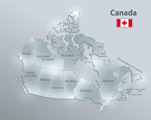 Canada map and flag, administrative division, separates regions and names individual region, design glass card 3D vector