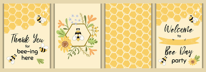 Fototapeta Bee party template set Bee baby shower invitations Cute kids party event Sweet honey bee flowers vector elements obraz