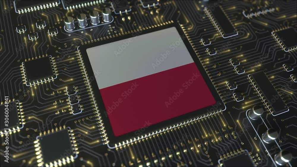 Poster national flag of poland on the operating chipset. polish information technology or hardware developm