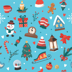 Christmas pattern with cute elements. Vector illustration in flat style