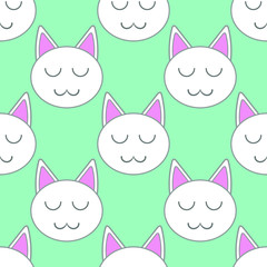 Fototapeta premium Vector seamless pattern of cute cat face cartoon style, on mint background. Design for kids, fabric, textile, scrapbooking, stikers etc.