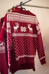 Christmas sweaters, red Burgundy with snowflakes deer ornament hanging