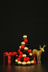 Merry Christmas card with black gifts golden deer and christmas ball tree 3d render