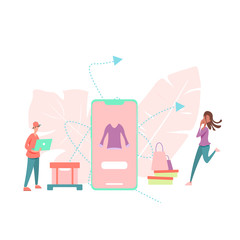 The illustration depicts purchases and delivery from an online store. Happy people receive delivery