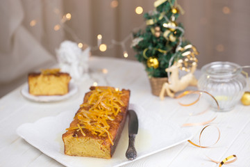 Homemade orange bundt cake. Christmas and Winter Holidays homemade cake. Orange cake