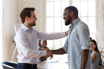 Obraz premium Confident company director shaking hands with happy african american employee.