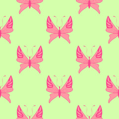 Abstract seamless pattern. Pink butterfly on light green background vector illustration. For textile, fabric, fashion, wrapping paper, wallpaper, cards, web, background design.