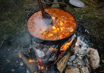 cooking in a cauldron in nature