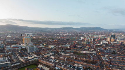 Aerial view buildings in City center of Belfast Northern Ireland. Drone photo, high angle view of town