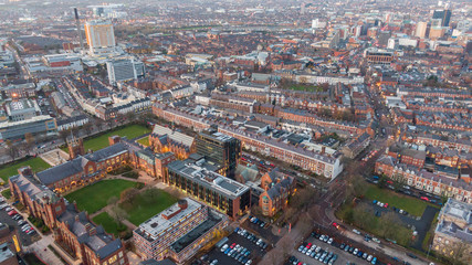 Fototapeta na wymiar Aerial view buildings in City center of Belfast Northern Ireland. Drone photo, high angle view of town