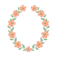 Pink decorative flowers oval wreath on the white background, simple illustration, floral composition