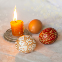 Easter eggs with geometric design painted with hot wax