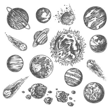 Solar system planets ans asteroids, pencil sketch