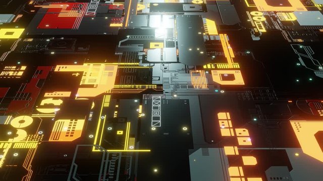 super computer, flight over electronic hardware with glowing digital parts and lots of details, 4k loop