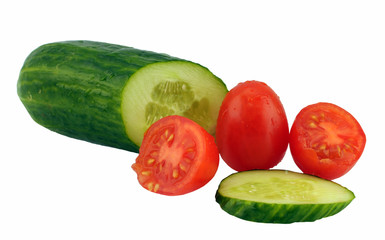 cucumber and tomato on white background