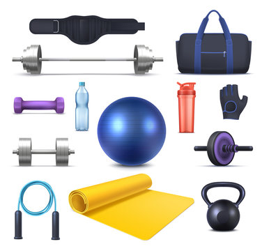 Fitness club equipment and gym garments icons