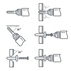 Hole drilling icon - set of drill tools and process of perforation, tightening of screws guide