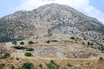 Fototapeta na wymiar Panoramic view to ancient citadel and acropolis of Mycenae, city of bronze age, Greece