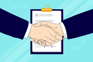 Handshake over signed contract. Business deal, financial agreement, successful partnership concept. Vector illustration.