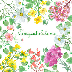 Watercolor hand painted nature floral set border frame with white chamomile, green branches, pink flower, yellow and red on the white background for congratulate card with the space for text