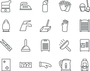 household vector icon set such as: sink, art, women, shop, warm, clothesline, chore, clip, scraper, morning, double, tone, steel, wet, boil, dust, kitchenware, fabric, pressure, bin, duster, teapot