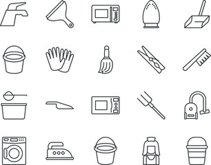 household vector icon set such as: female, up, art, window, dress, sketch, nature, clamp, pictogram, connected, soap, professional, plaster, industrial, mop, solid, occupation, tone, stock