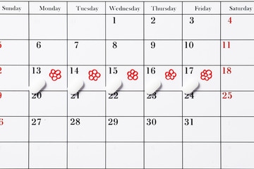 Menstrual cycle calendar on a pink background. pills and tampons, pads. Ovulation concept. menstruation concept.