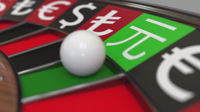 Ball in yuan sign pocket on casino roulette wheel. Conceptual 3D animation