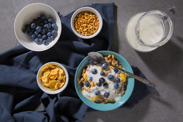 Bowl with granola and yogurt, cornflakes, blueberries and a glass of milk on a gray background