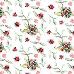 Seamless pattern with chinese carnation flowers and leaves. Hand drawn watercolor elements for textile or wrapping paper design